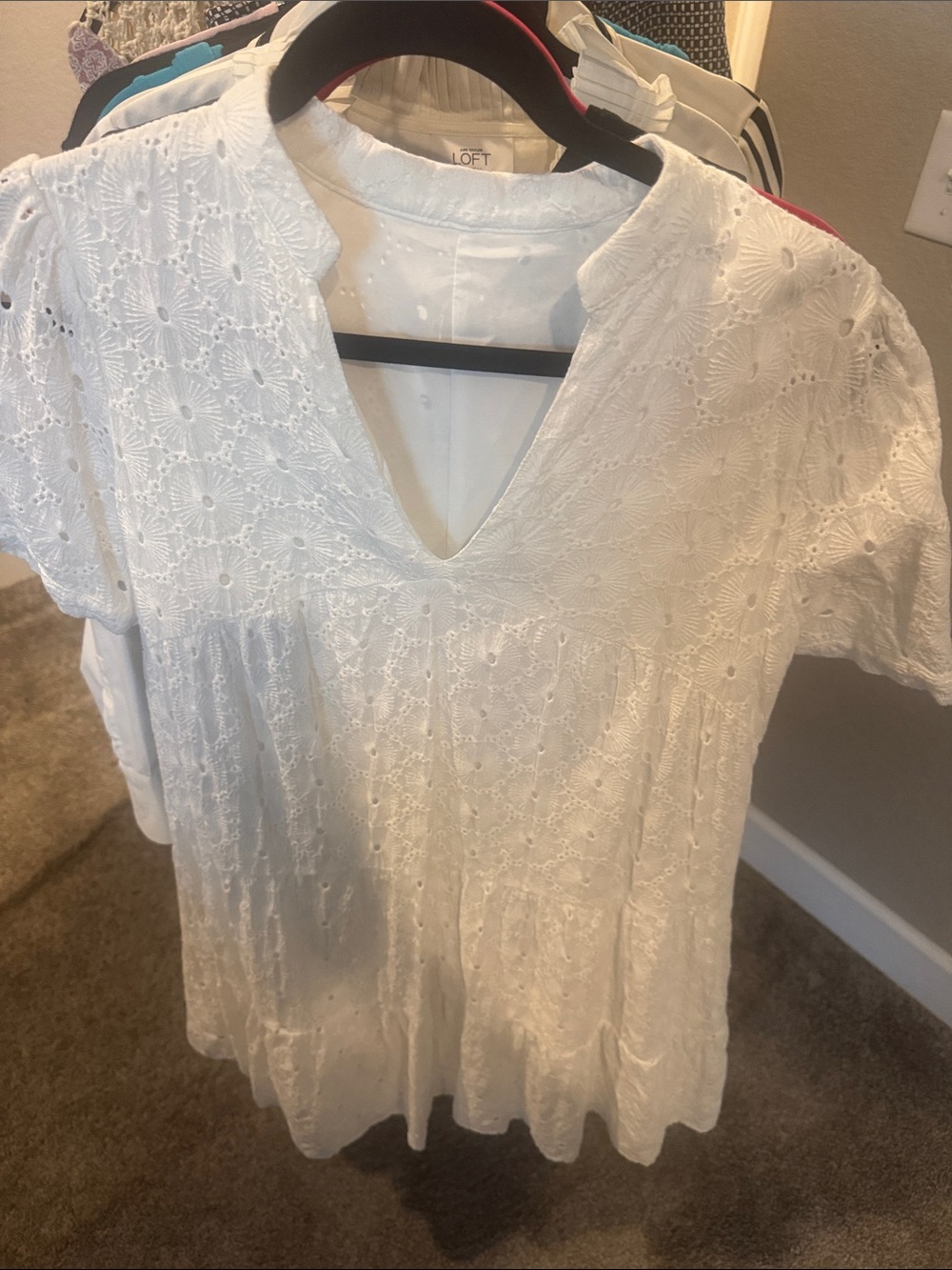 White Eyelet V-Neck Short Sleeve Women's Top